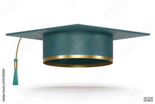 3D realistic green Graduation university or college cap isolated on white background. Graduate college, high school, Academic. Green Hat for degree ceremony. 3D vector illustration.