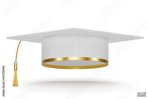 3D realistic Graduation university or college white cap isolated on white background. Graduate college, high school, Academic, or university cap. Hat for degree ceremony. 3D vector illustration.