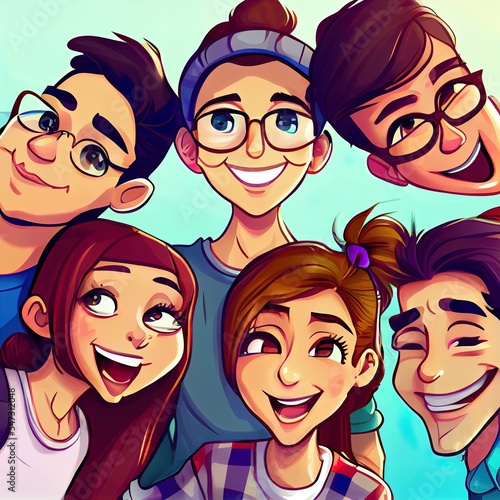 Group of happy cartoon teenagers