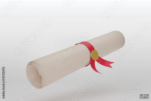 Diploma, close up of paper scroll with red ribbon isolated on white background. Graduation Degree Scroll with Medal. Education certificate graduation scroll icon.  3D vector illustration.