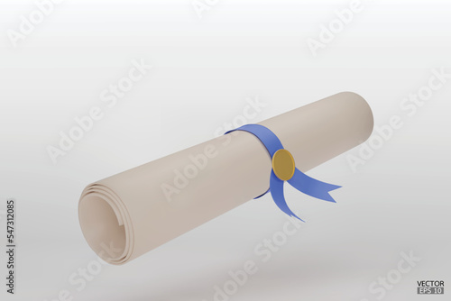 Diploma, close up of paper scroll with blue ribbon isolated on white background. Graduation Degree Scroll with Medal. Education certificate graduation scroll icon.  3D vector illustration.