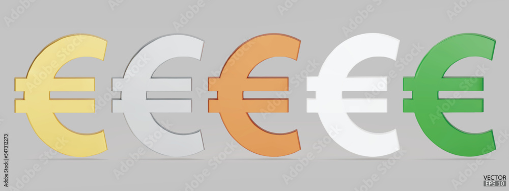 Obraz premium Set of 3D Euro symbol isolated on white background. Golden, silver, copper, white and green 3D Euro Currency Icon. Euro symbol for your web site design, logo, app, UI. 3D vector illustration.