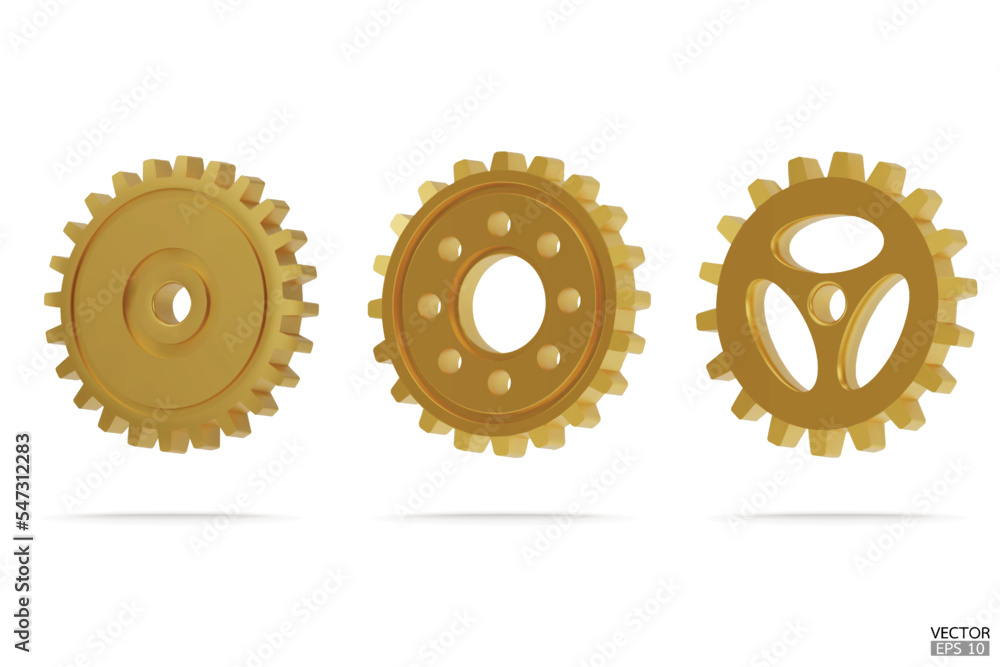 3D gold Gear icon set. Golden Transmission cogwheels and gears are