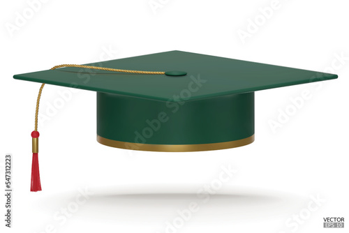 3D realistic green Graduation university or college cap isolated on white background. Graduate college, high school, Academic. Green Hat for degree ceremony. 3D vector illustration.