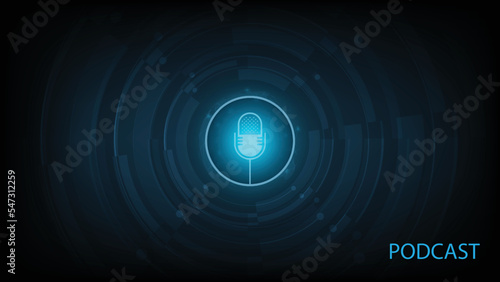 Podcast, Internet digital recording concept. Podcast logo, Mic icon special and Sound wave rhythm on dark blue background.