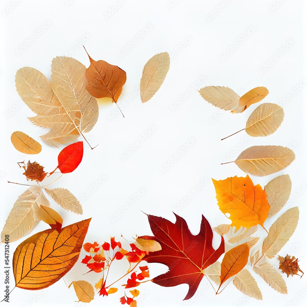 Fototapeta premium Autumn composition Dried leaves on white background Autumn, fall, thanksgiving day concept Flat lay, top view, copy space , anime style