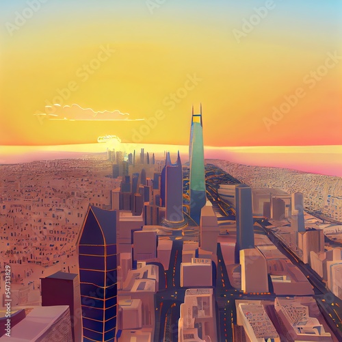 Riyadh skyline_ Aerial photography of the city of Riyadh at sunset in the Kingdom of Saudi Arabia photo
