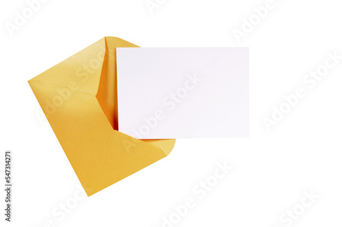 Manila gold brown envelope with blank letter post card or thank you note isolated transparent background photo PNG file