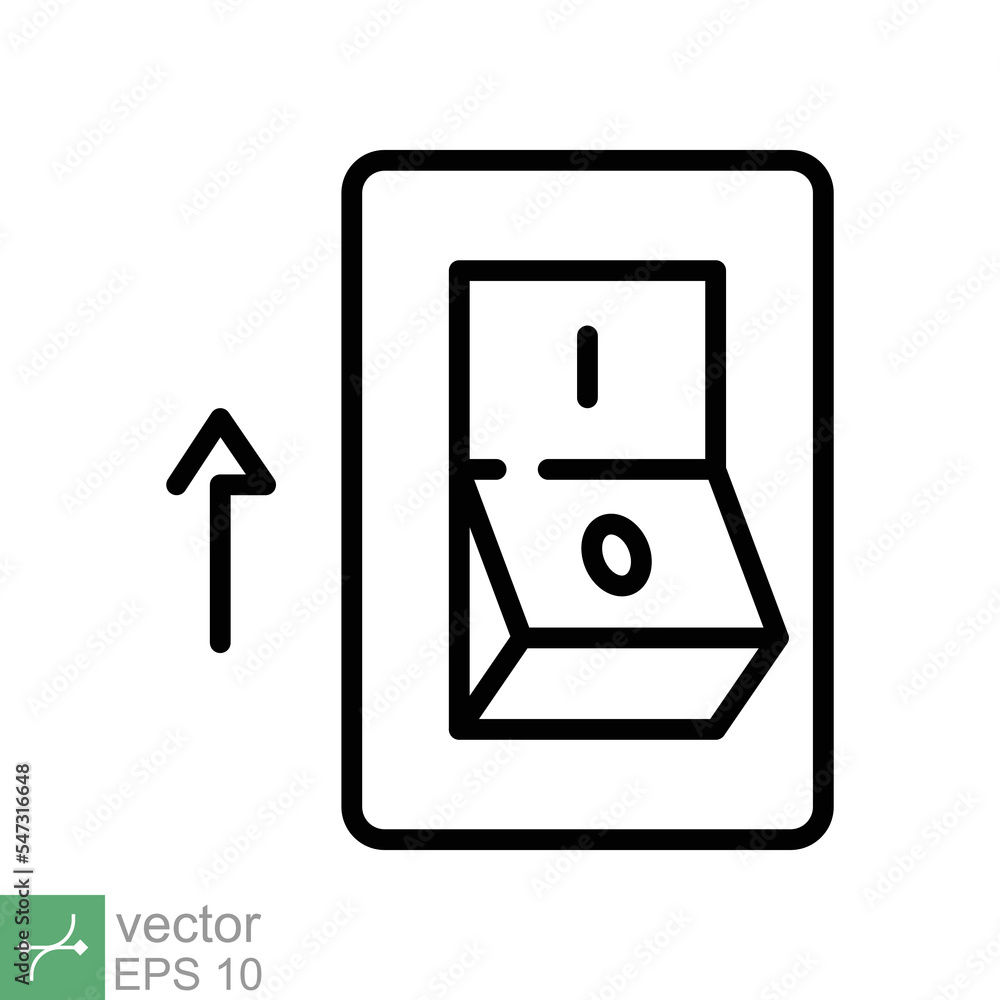 Light on, electric switch icon. Simple outline style. Power turn on button, toggle switch on position, turn on, technology concept. Thin line vector illustration isolated on white background. EPS 10. Light on, electric switch icon. Simple outline style. Power turn on button, toggle switch on position, turn on, technology concept. Thin line vector illustration isolated on white background. EPS 10.