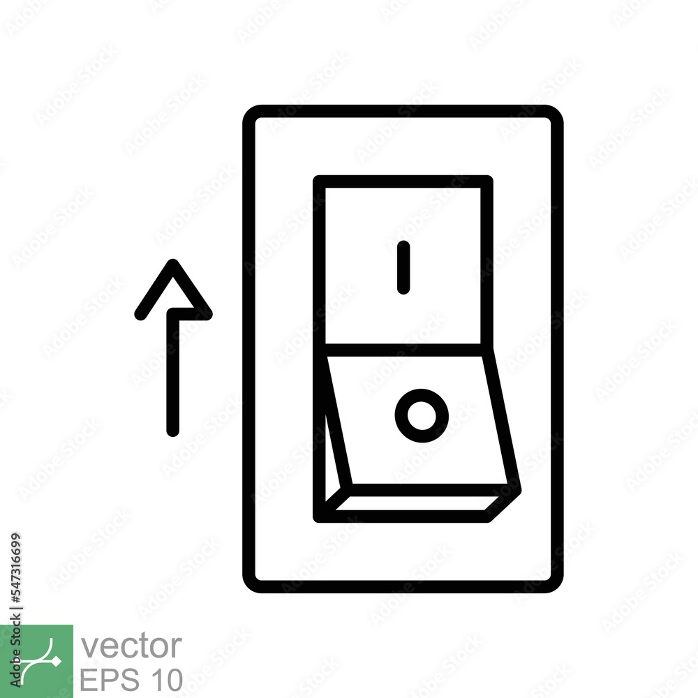 Light on, electric switch icon. Simple outline style. Power turn on button, toggle switch on position, turn on, technology concept. Thin line vector illustration isolated on white background. EPS 10. Light on, electric switch icon. Simple outline style. Power turn on button, toggle switch on position, turn on, technology concept. Thin line vector illustration isolated on white background. EPS 10.
