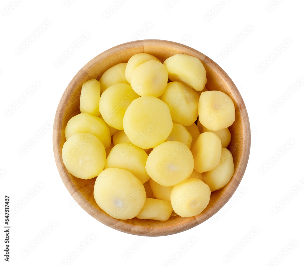Water chestnut in wood bowl on transparent png Water chestnut in wood bowl on transparent png