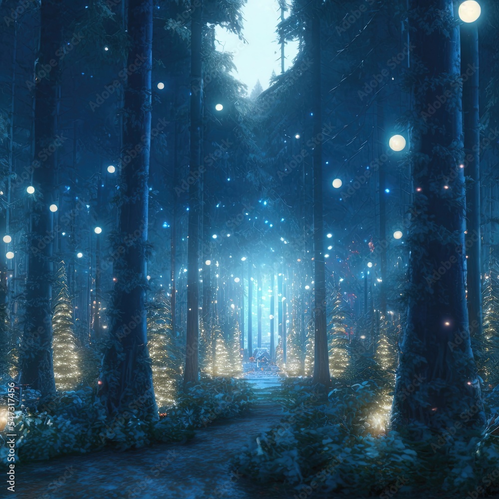 Obraz premium Glowing Christmas tree outdoors at night. Illustration about Christmas. Made by AI.