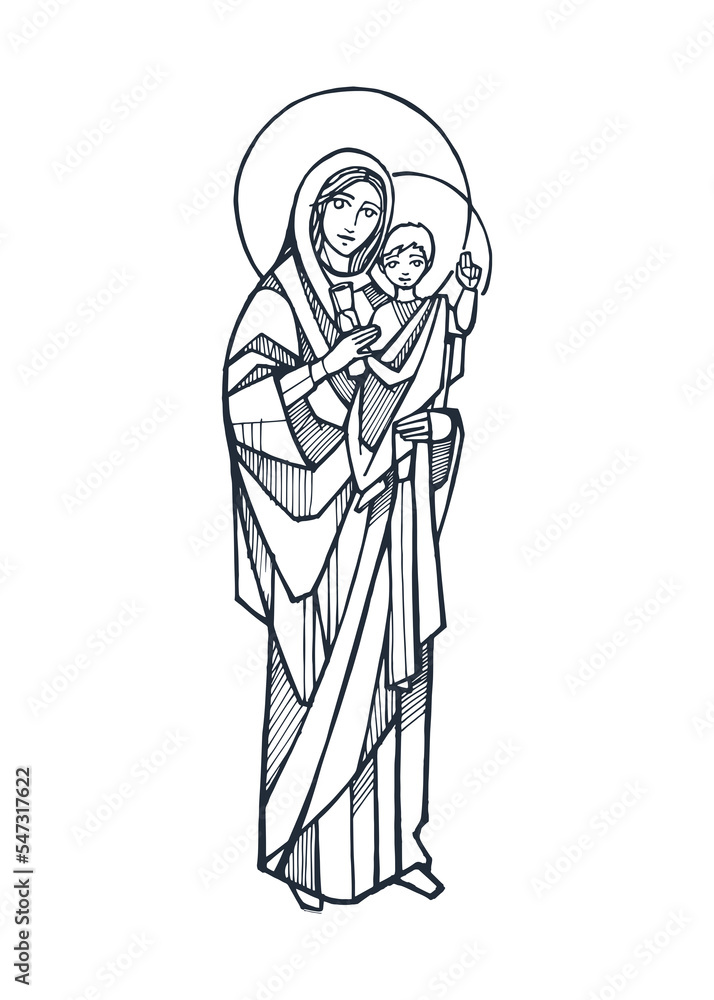 Hand drawn illustration of Holy Mary, Queen of the Apostles.