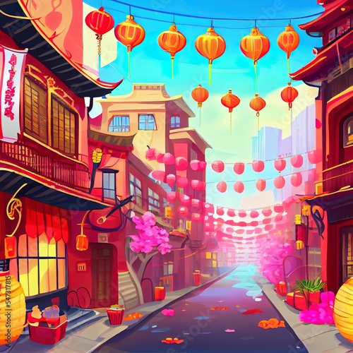 Chinese new year street festively decorated with lanterns, chinatown city background. 2d illustrated panorama with asian buildings and sakura blossoms, houses and lanterns, garlands, skyscrapers on