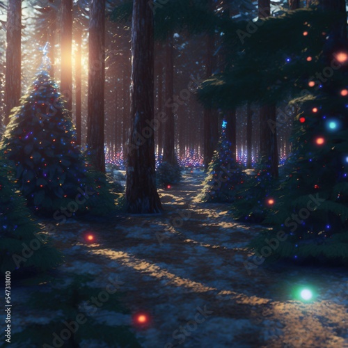 Glowing Christmas tree outdoors at night. Illustration about Christmas. Made by AI.