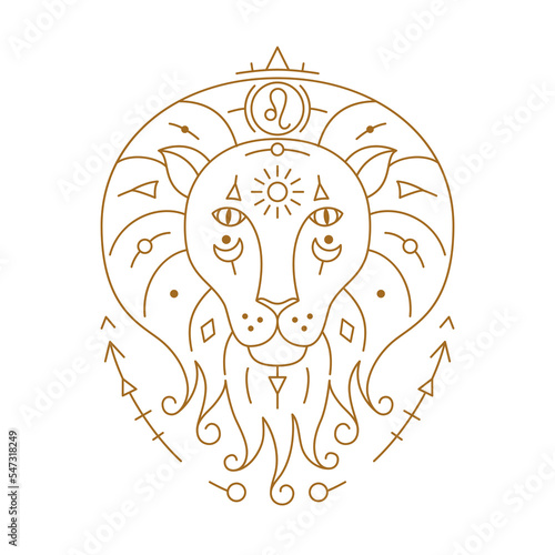 Leo zodiac astrology horoscope stylized sign thin line. Lion symbol of esoteric, zodiacal astrological calendar, horoscope constellation vector illustration