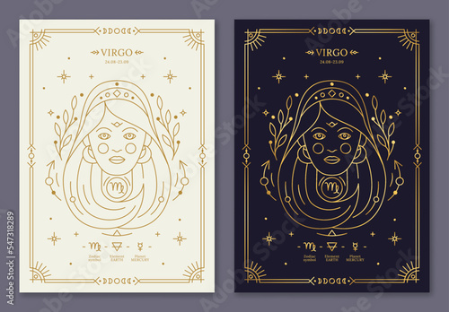 Virgo zodiac horoscope golden signs on dark navy and white cards set. Stylized symbols of esoteric, zodiacal astrological calendar, horoscope constellation, cover design thin line vector illustration