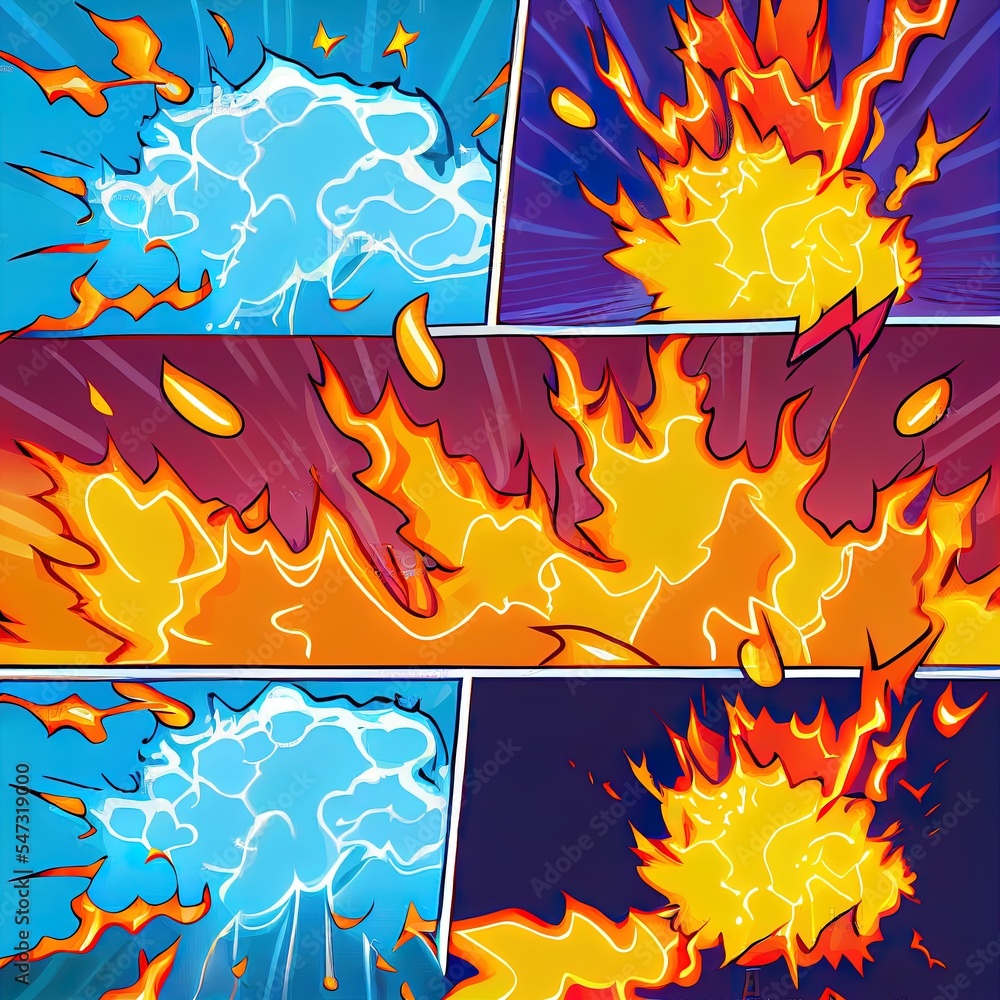 Comic book fantastic fire flames, smoke backgrounds. Boom lightning ...