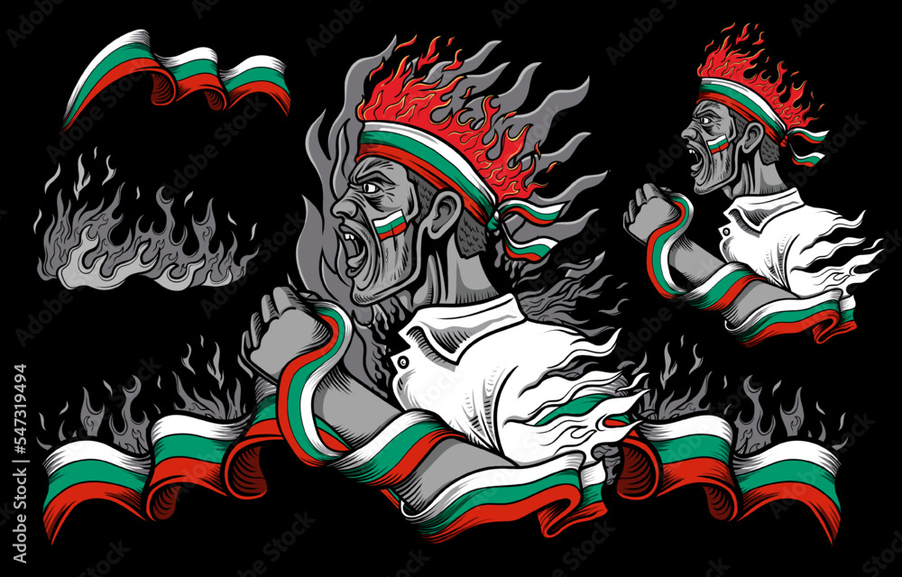Obraz premium Bulgaria Flag and Fire elements with People Screaming