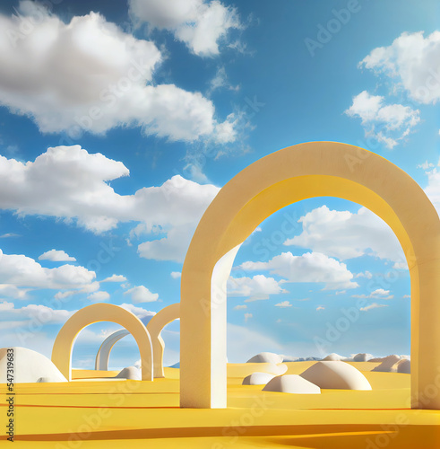 Surreal desert landscape with yellow arches and white clouds in the blue sky