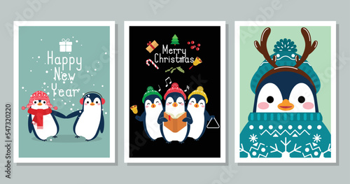 Winter penguins cartoon characters, Merry Christmas illustrations of cute penguins greeting cards with accessories like a knitted hats, sweaters, scarfs.
