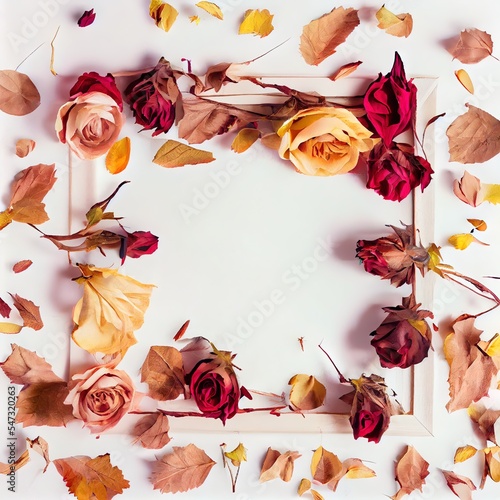Autumn frame composition made of dried roses on a white background Autumn background Flat lay, top view, copy space , anime style
