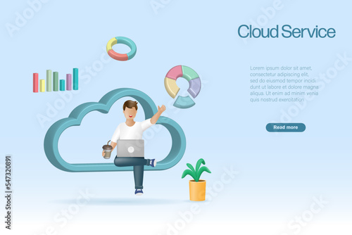 Man working on cloud computing, digital data storage network service. People working lifestyle with internet service wireless technology. 3D realistic vector.