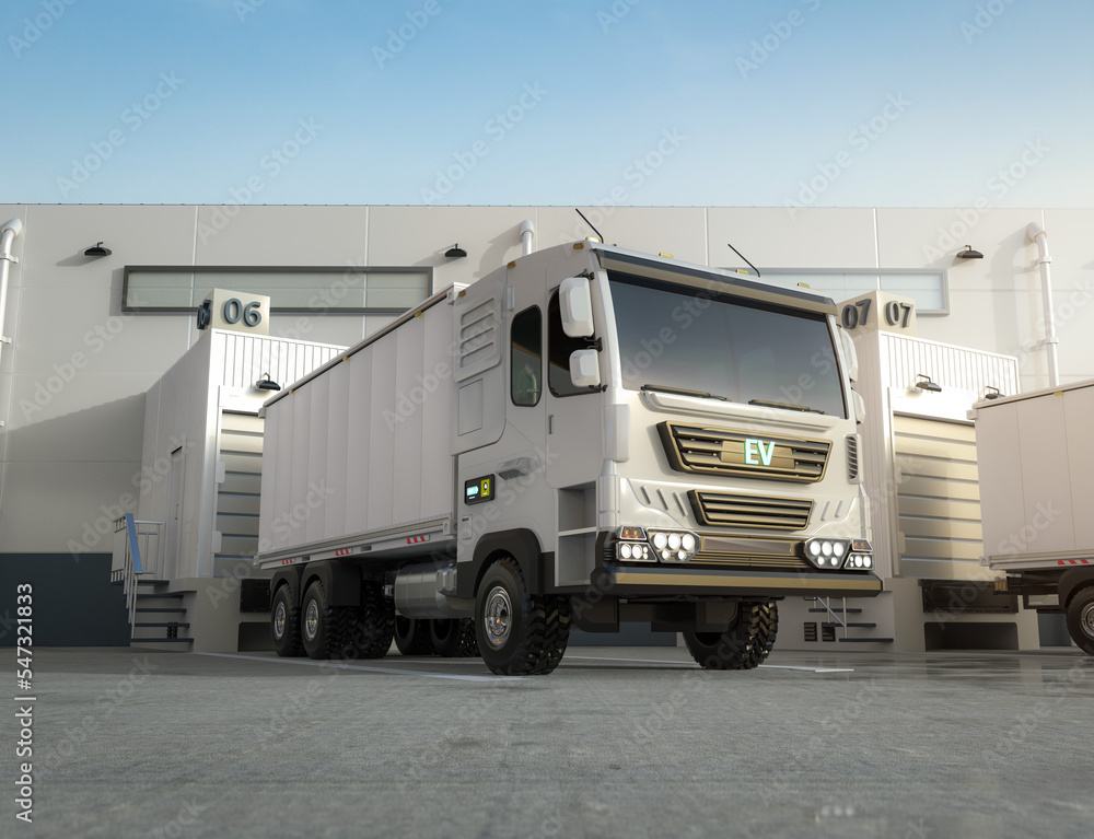 Group of logistic trailer trucks or lorries at warehouse