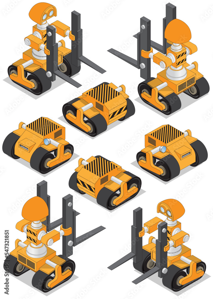 Set of robotic loaders. Isolated on white background. Isometric. Vector illustration. Set of robotic loaders. Isolated on white background. Isometric. Vector illustration.