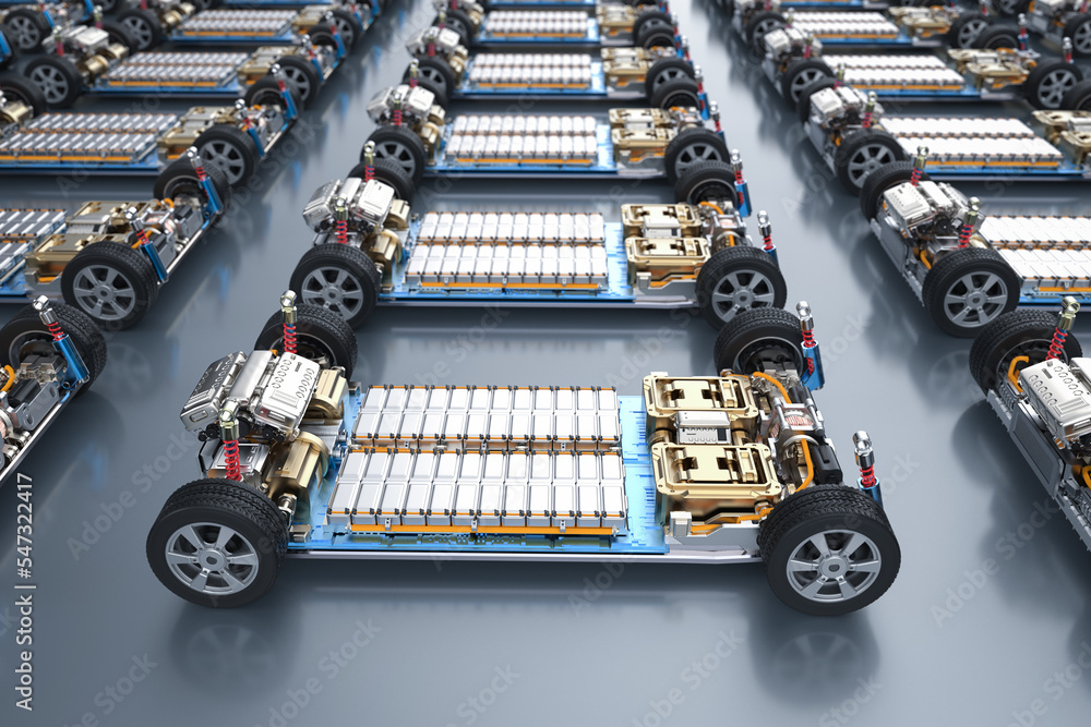 Group of electric cars with pack of battery cells module on platform - obrazy, fototapety, plakaty 