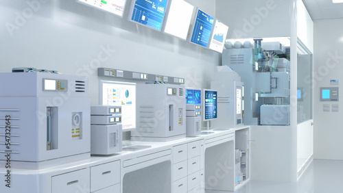 white futuristic digital laboratory with machine and computer screen