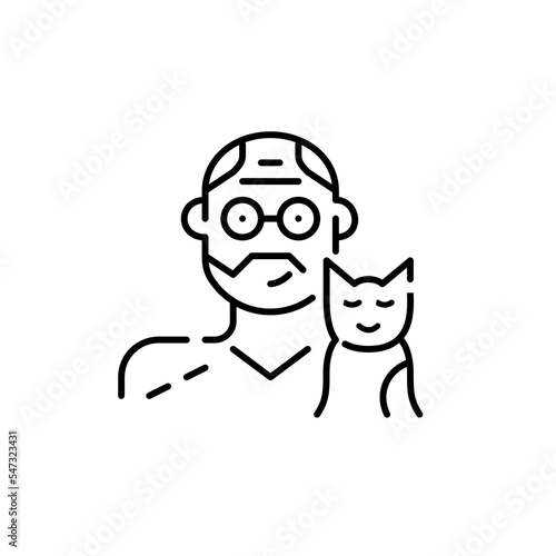 Middle-aged man and his kitten. Pet lover icon. Pixel perfect  editable stroke art 