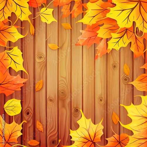 Yellow autumn leaves composition on old wooden background Great season texture with fall mood Nature october and november background Copy space, top view , anime style