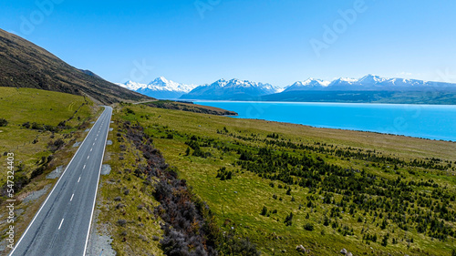 Aerial view of Landscape view of  mountain range near Aoraki Mount Cook and the road leading to Mount Cook Village in New zealand