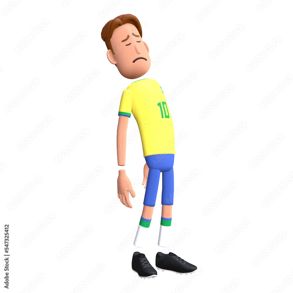Brazil football player 3D character sad expression. Cartoon character as Brazilian soccer team.