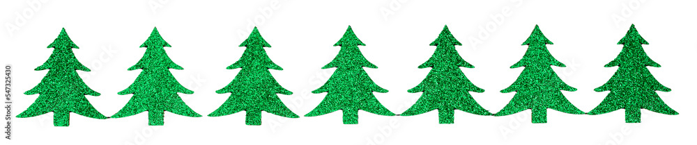 Fototapeta premium Row of small green glitter Christmas trees, celebrating winter holidays 