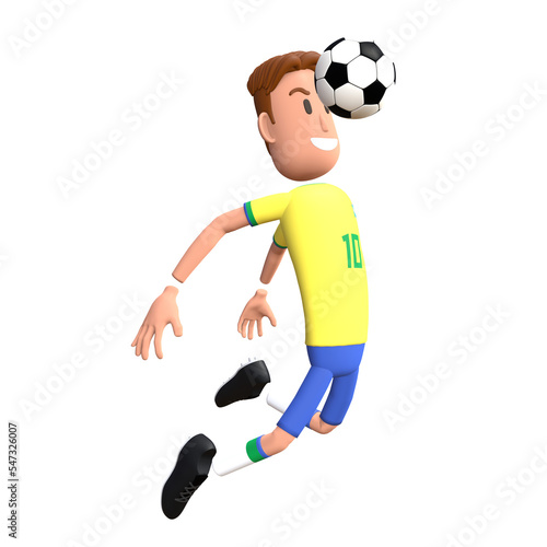 Brazil football player 3D character heading goal. Cartoon character as Brazilian soccer team. © AndriGraphic