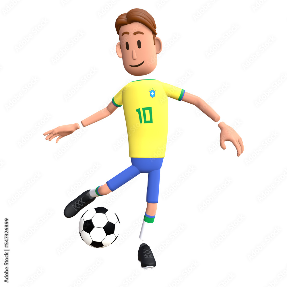 Brazil football player 3D character kick the ball. Cartoon character as Brazilian soccer team.