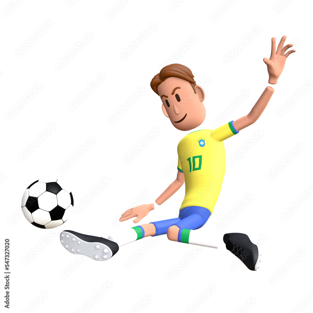 Brazil football player 3D character tackling. Cartoon character as Brazilian soccer team.