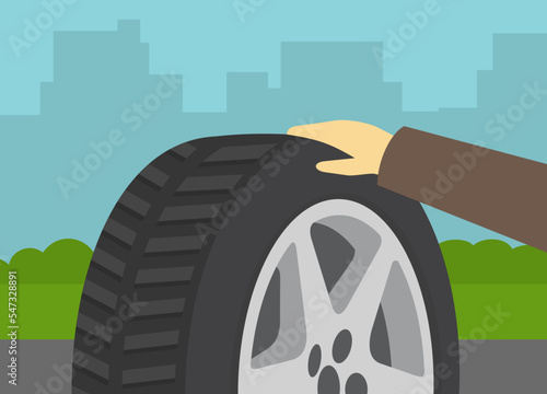 Safe driving rules and tips. Character checks the tire air pressure. Perspective close-up summer tire. Flat vector illustration template.
