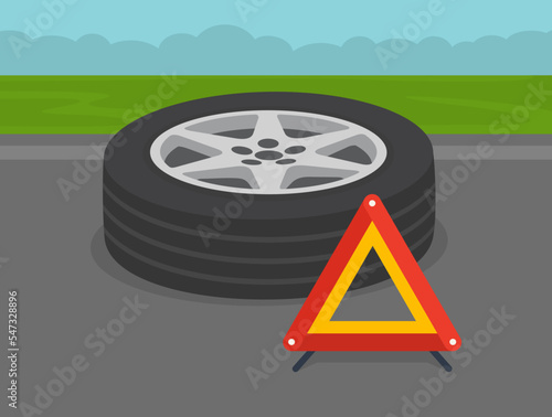 Car driving tips. Perspective close-up summer tire and warning triangle. Flat vector illustration template.