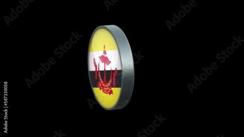 3D rotating Flag of brunei on Transparent Background. brunei Flag Glass Button Concept Style with Circular Metal Frame. render with ProRes 4444, alpha channel. 4K video.
