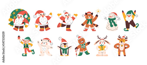 Set of cute funny Christmas characters. Santa Claus, snowman, bear, reindeer, gnome, elf © fakeglue