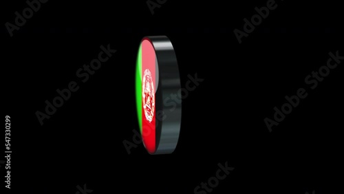 3D rotating Flag of Afghanistan on Transparent Background. Afghanistan Flag Glass Button Concept Style with Circular Metal Frame. render with ProRes 4444, alpha channel. 4K video.