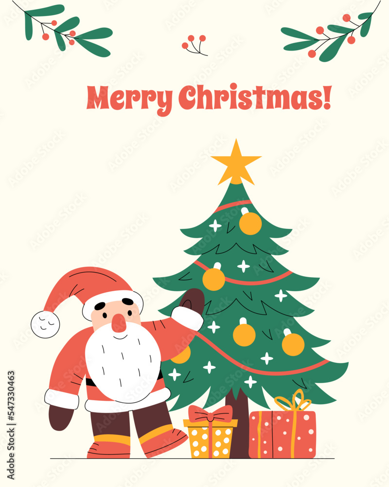 Merry Christmas vertical greeting card with Sanda Claus, presents and decorated tree Merry Christmas vertical greeting card with Sanda Claus, presents and decorated tree