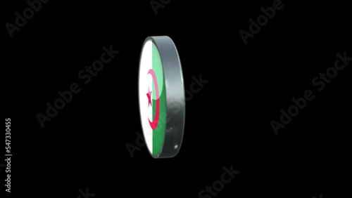 3D rotating Flag of Algeria on Transparent Background. Algeria Flag Glass Button Concept Style with Circular Metal Frame. render with ProRes 4444, alpha channel. 4K video.