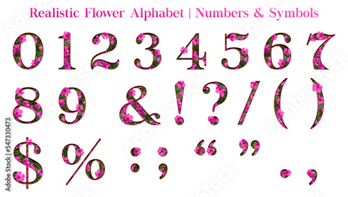 Realistic flower numbers and symbols. This is a part of an alphabet set which also includes uppercase and lowercase letters. Perfect as decorative element for your design projects.