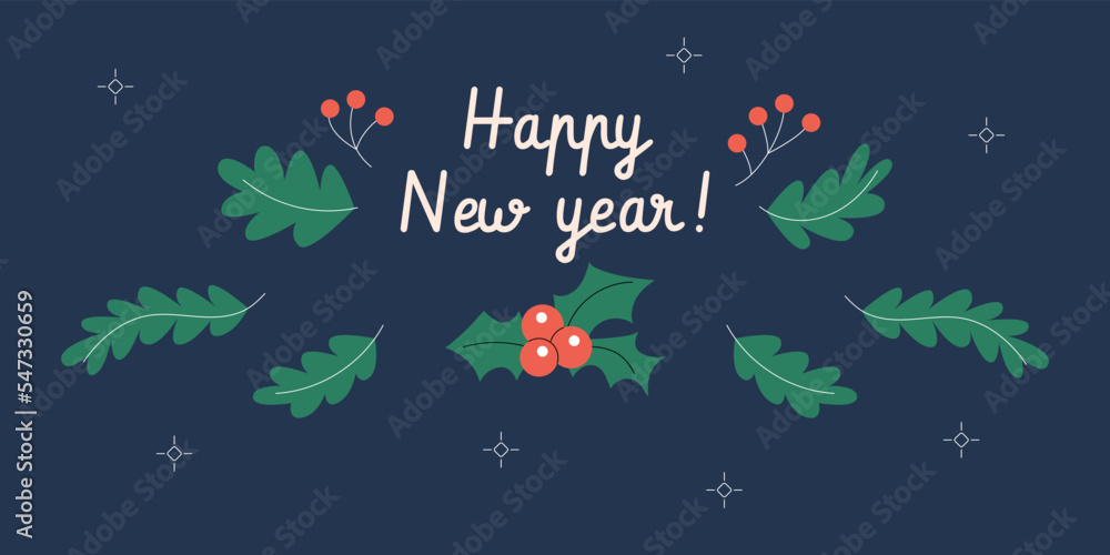 Happy new year horizontal banner with fir-tree branches and omela berries