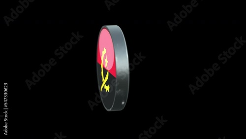 3D rotating Flag of Angola on Transparent Background. Angola Flag Glass Button Concept Style with Circular Metal Frame. render with ProRes 4444, alpha channel. 4K video.