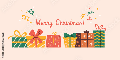 Merry Christmas horizontal banner with wrapped presents